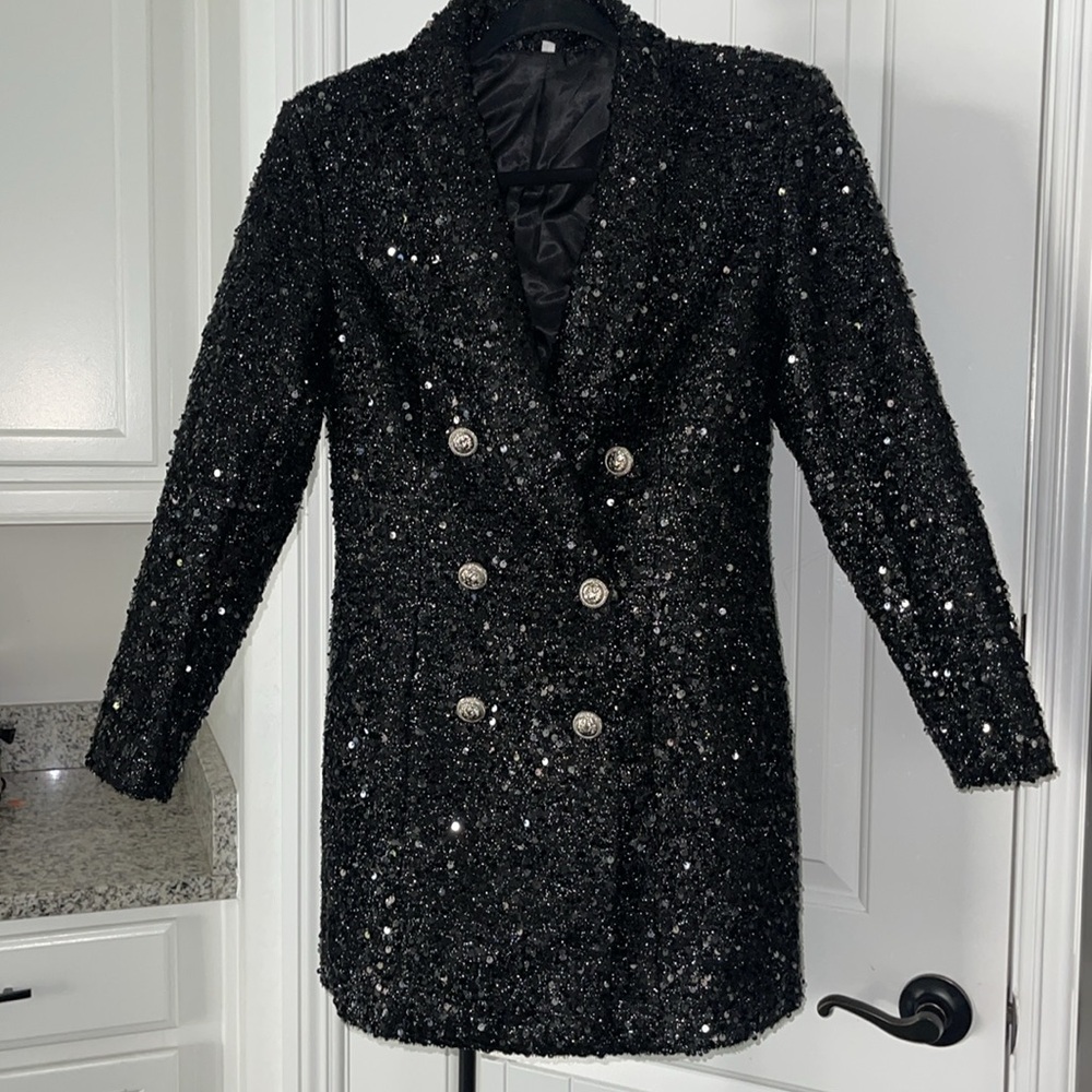 Black Sequin Double-Breasted Women's Coat